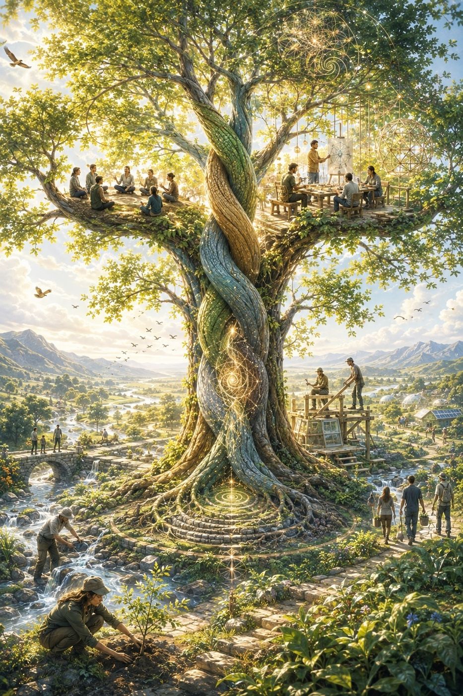 A great living tree with people learning, building and gathering among its branches and roots