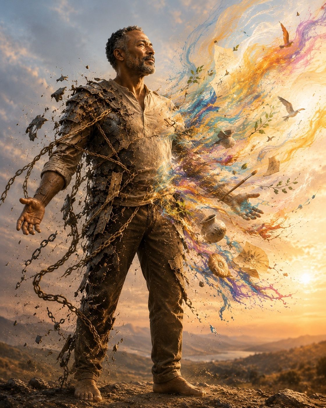A man whose armor of chains dissolves into a burst of color and life