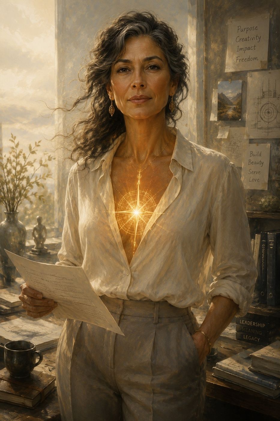 A woman with a radiant compass of light at her heart