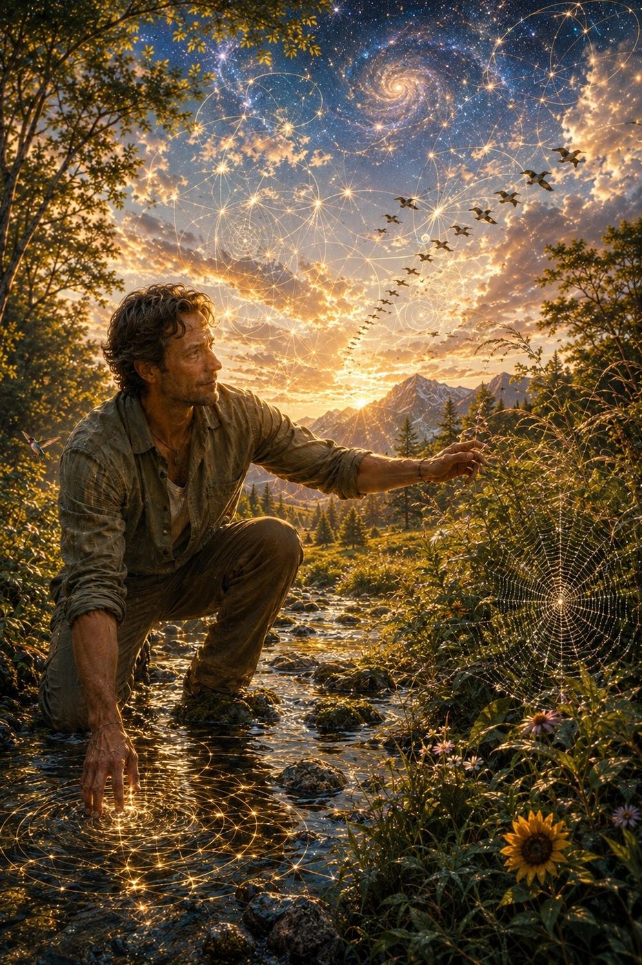 A man kneeling at a stream beneath a sky of sacred geometry and stars