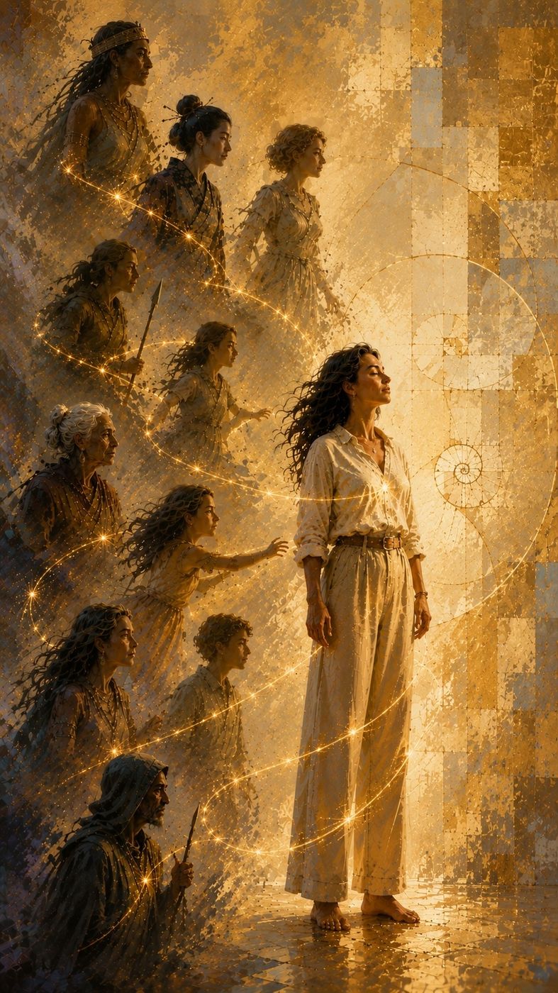 A woman standing in golden light, her ancestral lineage spiraling behind her