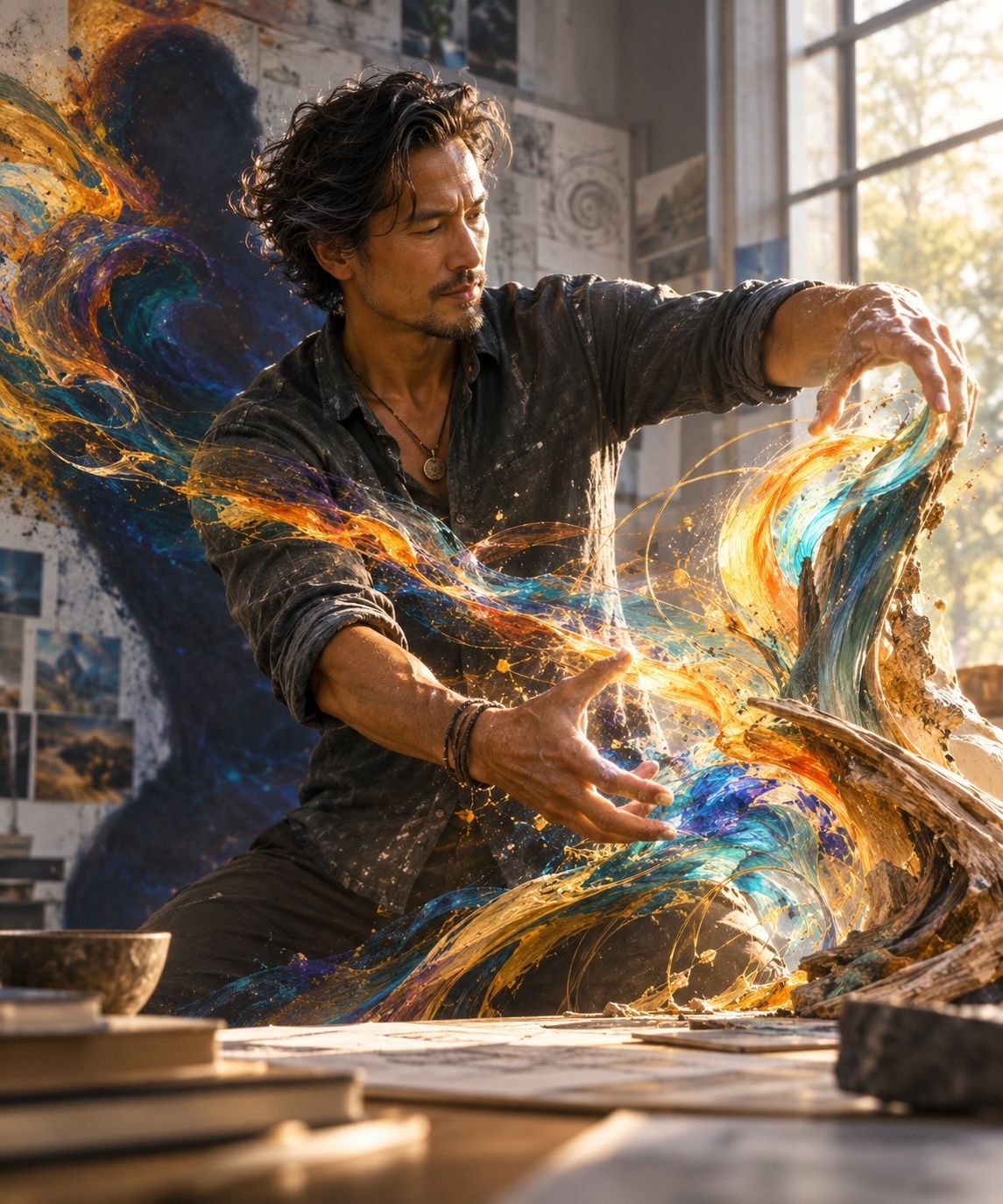 A man shaping flowing streams of color and energy at his worktable