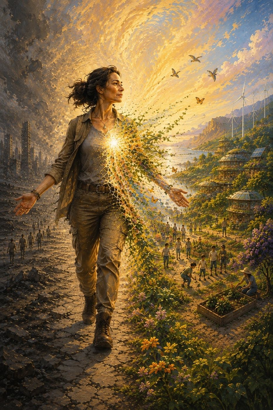 A woman walking from a grey wasteland into a green, regenerative horizon